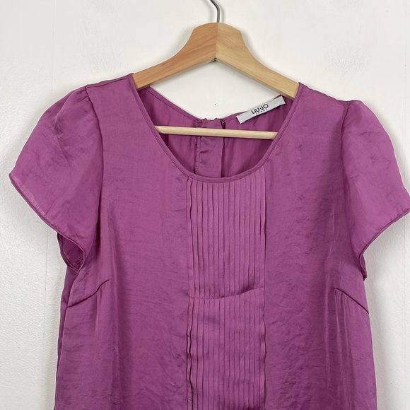 Lui Jo Jean Womens 40 Satin Feel Short Sleeve Pleated Front Zip Back Blouse - Picture 3 of 8